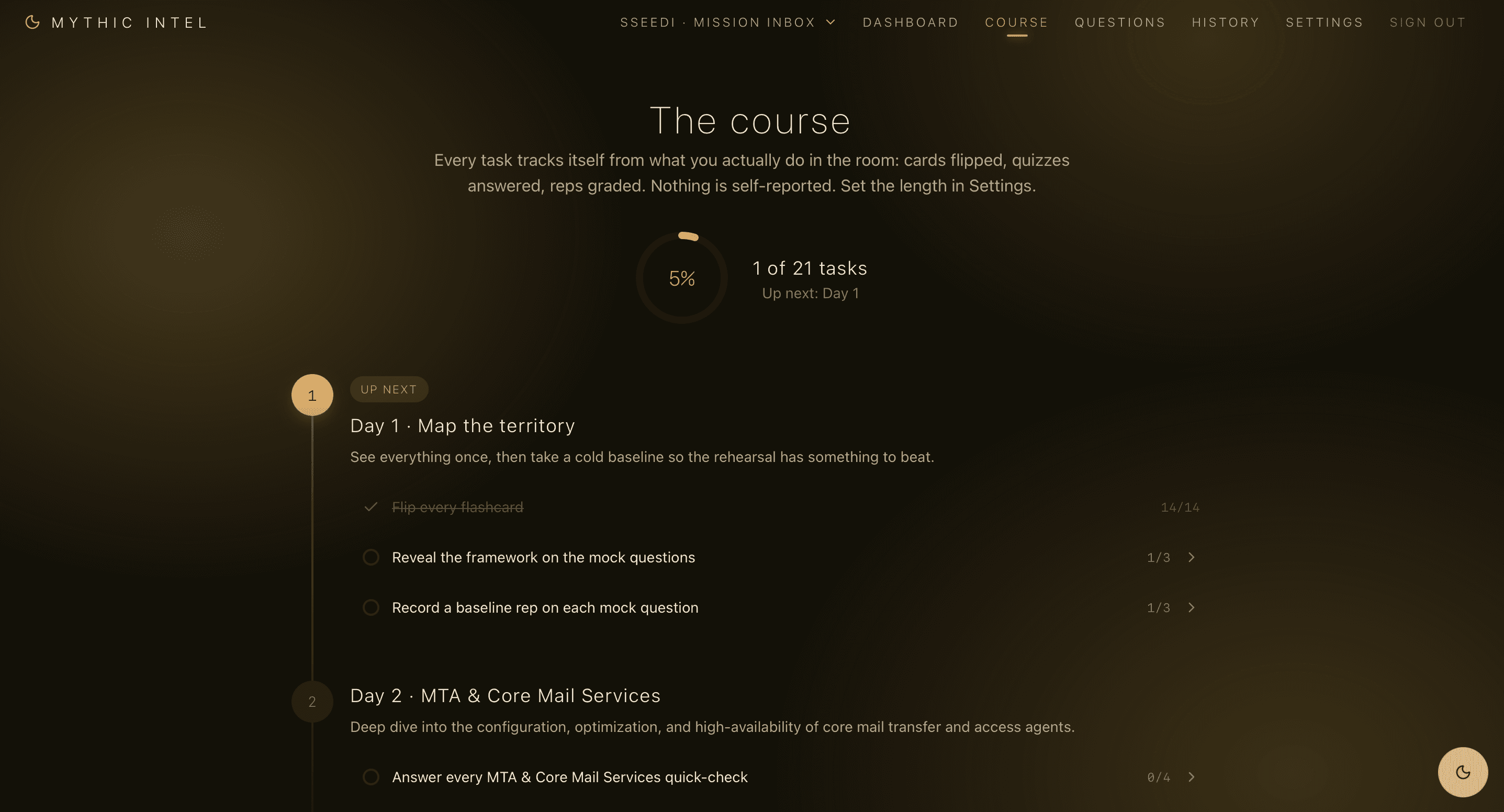 The course: a day-by-day plan tracking real activity, task by task.