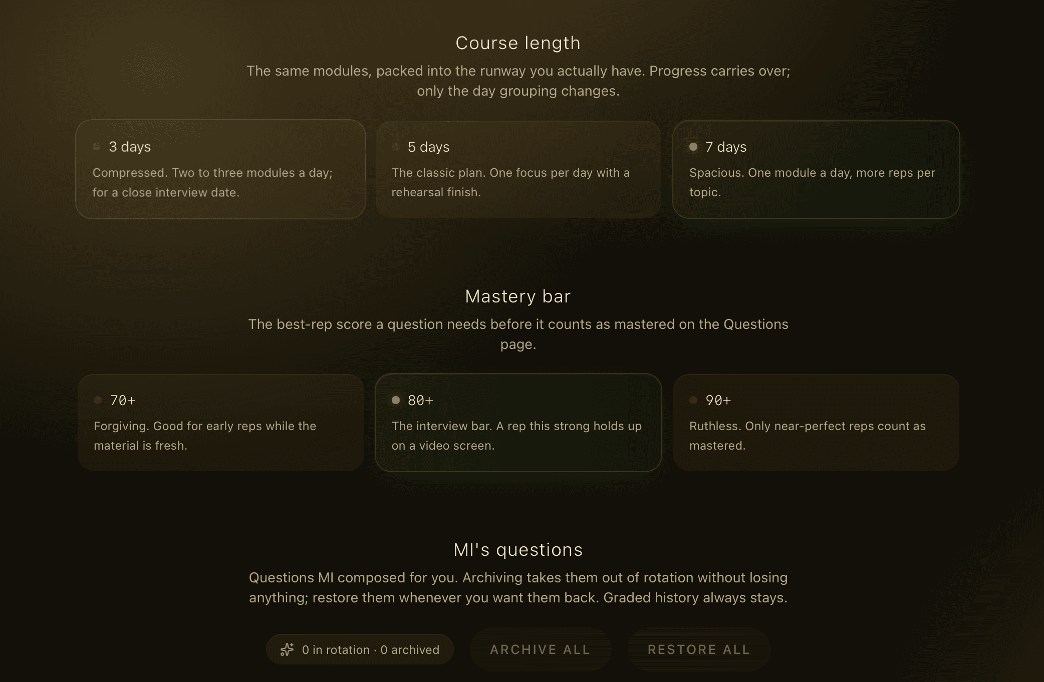 Settings: course length, mastery bar, and the question pool.
