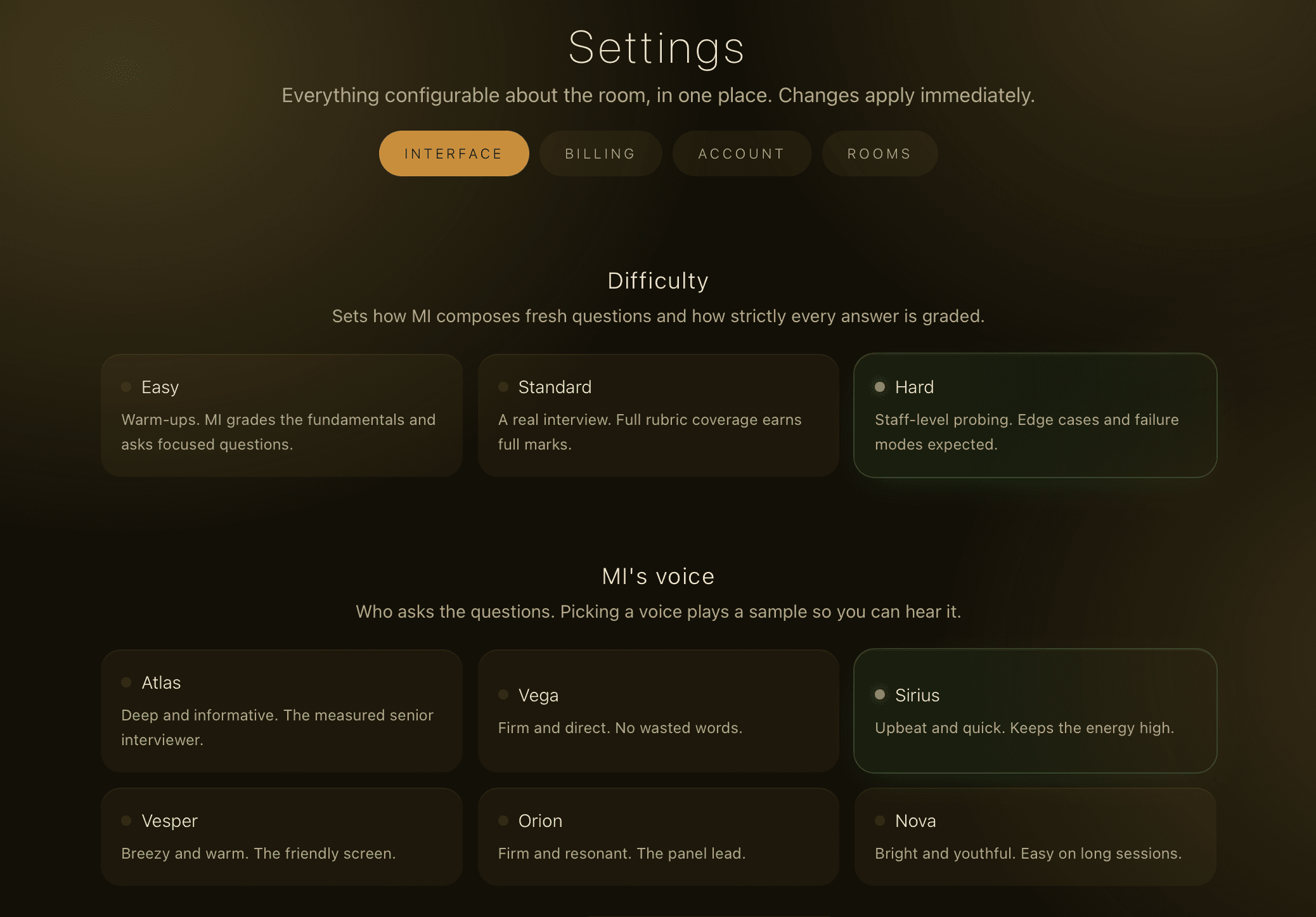 Settings: choosing the interviewer's voice and how hard it grades.